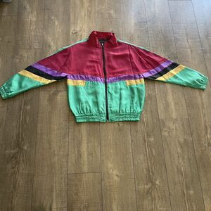 SARA ROBERTS 1980's Y2K Gorpcore Multicolor‎ Green 100% Silk Jacket Vintage Sz S